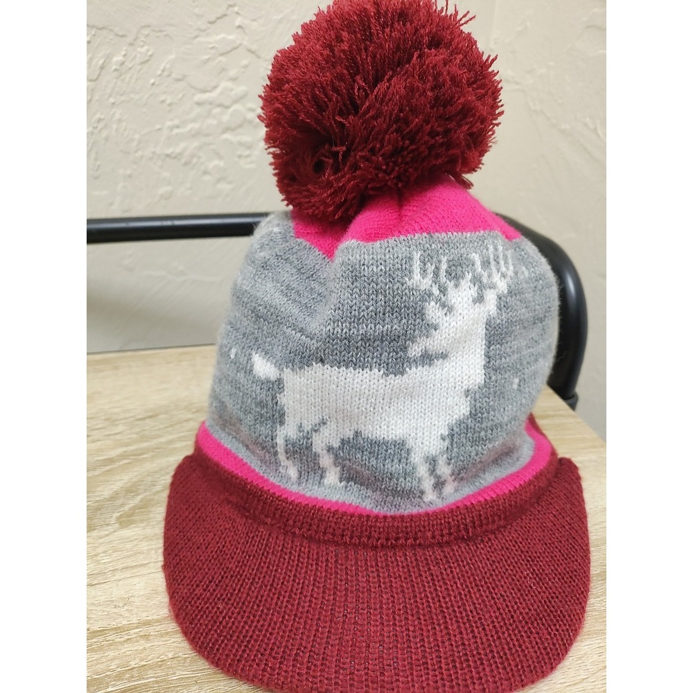 One Size ReinDeer Knit Pattern Brim Hat With Deep Burgundy Pom Pom